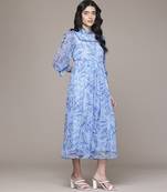 blue chiffon dress with printed pattern design