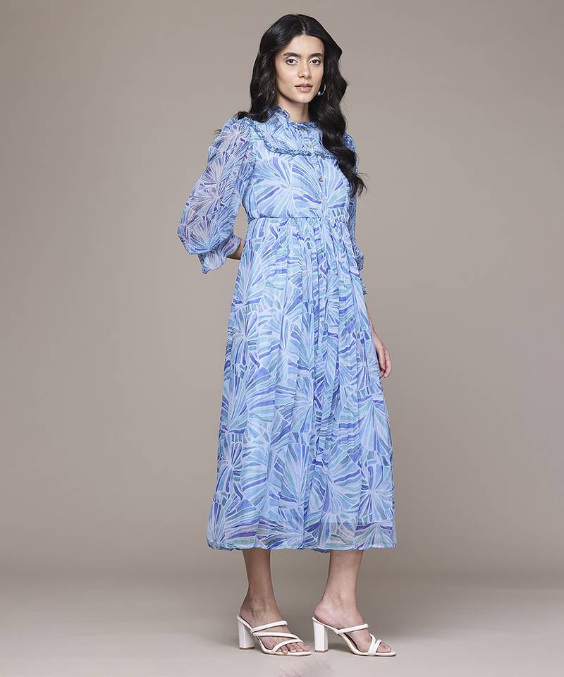 blue chiffon dress with printed pattern design