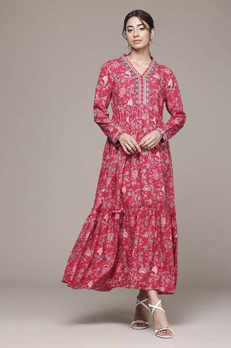 red rayon dress with printed pattern design