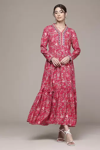 red rayon dress with printed pattern design