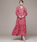 red rayon dress with printed pattern design