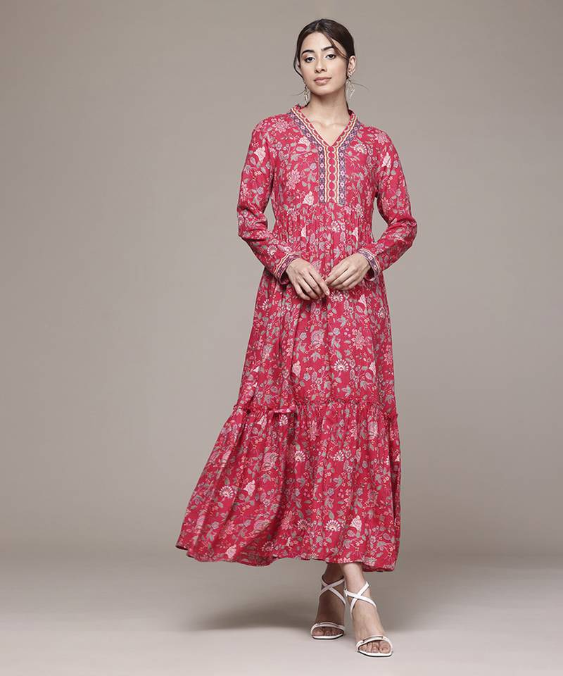 red rayon dress with printed pattern design