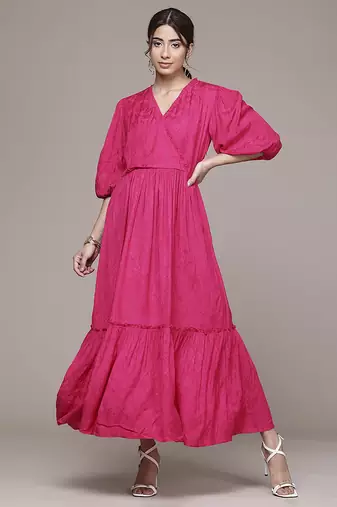 fuchsia viscose dress with plain design