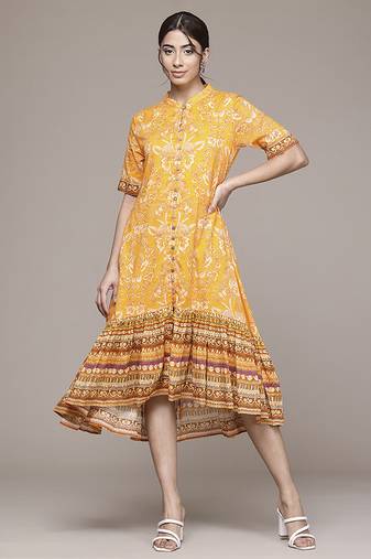 yellow cotton dress with printed work design