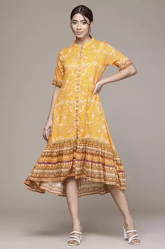 yellow cotton dress with printed work design
