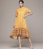 yellow cotton dress with printed work design