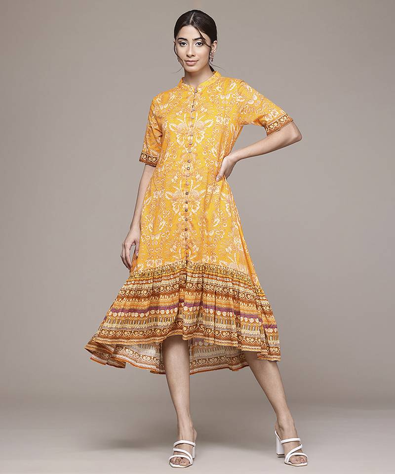 yellow cotton dress with printed work design