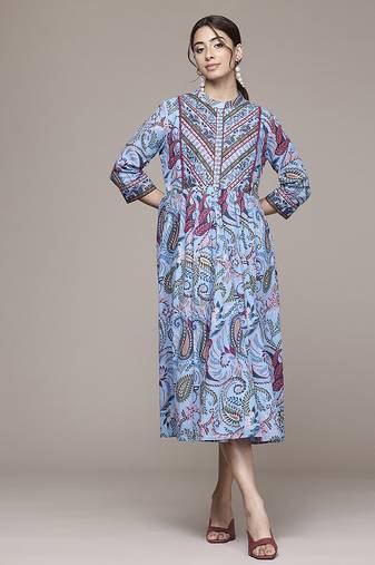 blue cotton dress with printed work design