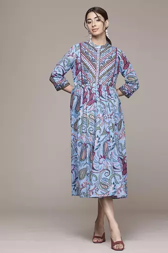 blue cotton dress with printed work design