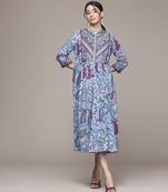 blue cotton dress with printed work design
