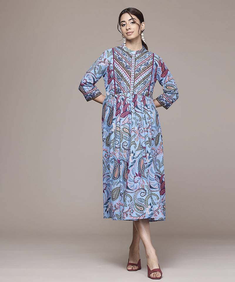 blue cotton dress with printed work design