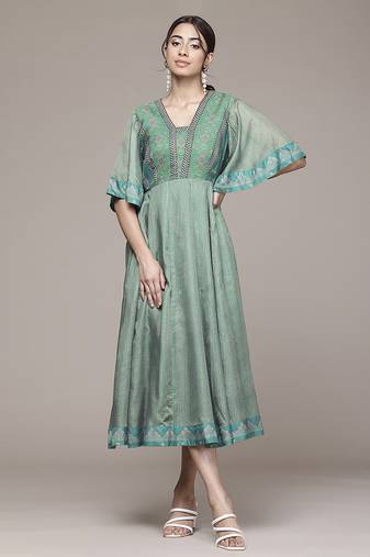 teal viscose dress with floral embroidered design