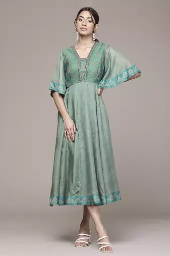 teal viscose dress with floral embroidered design