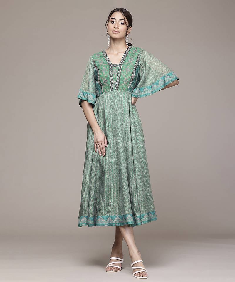 teal viscose dress with floral embroidered design
