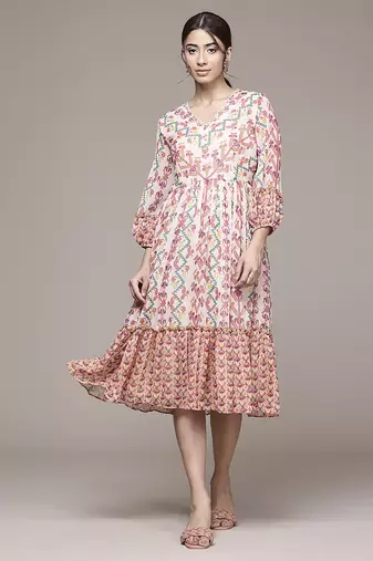 multicolor chiffon dress with printed work design