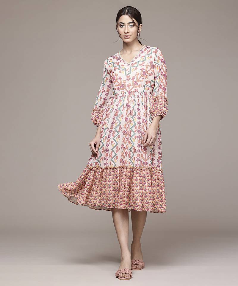 multicolor chiffon dress with printed work design