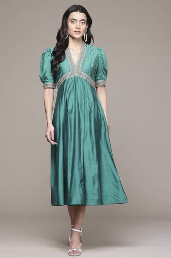 teal viscose dress with embroidered work design