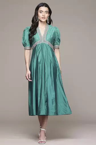 teal viscose dress with embroidered work design