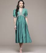 teal viscose dress with embroidered work design