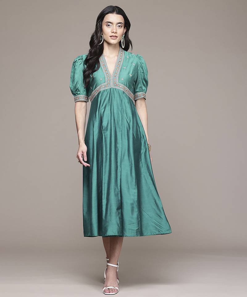 teal viscose dress with embroidered work design