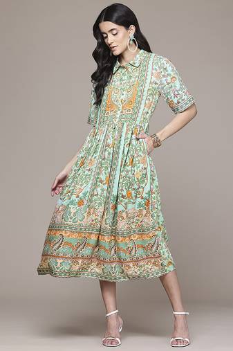 green rayon dress with printed work design