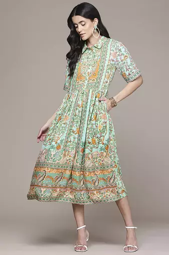 green rayon dress with printed work design