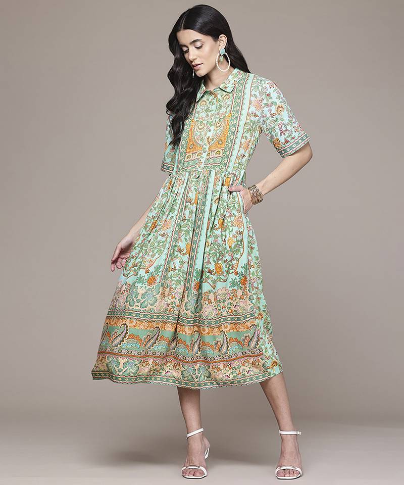 green rayon dress with printed work design
