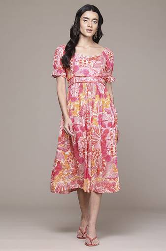 pink rayon dress with printed work design