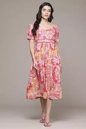 pink rayon dress with printed work design