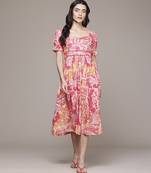 pink rayon dress with printed work design