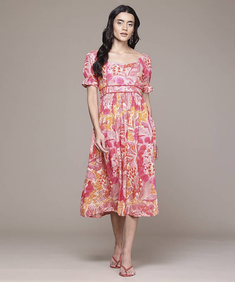 pink rayon dress with printed work design