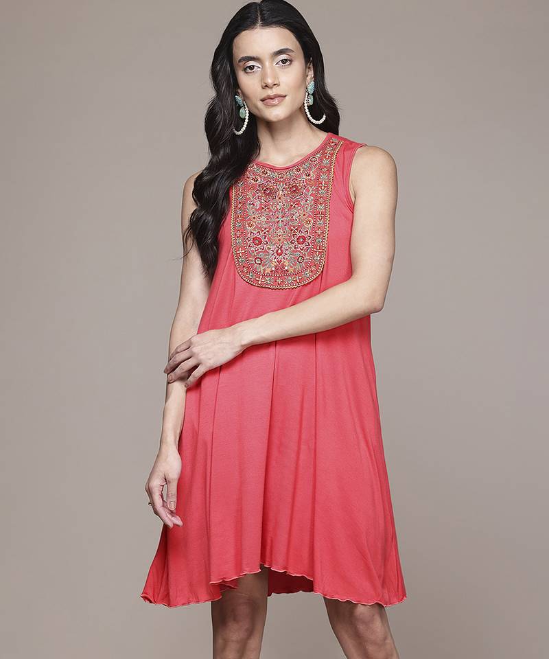 pink viscose dress with embroidered work design