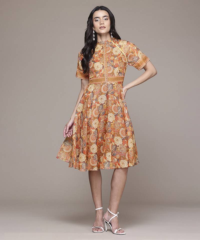 multicolor cotton dress with printed work design