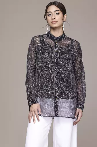 black chiffon shirt with printed work design
