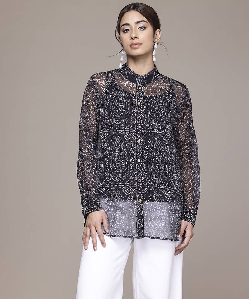 black chiffon shirt with printed work design