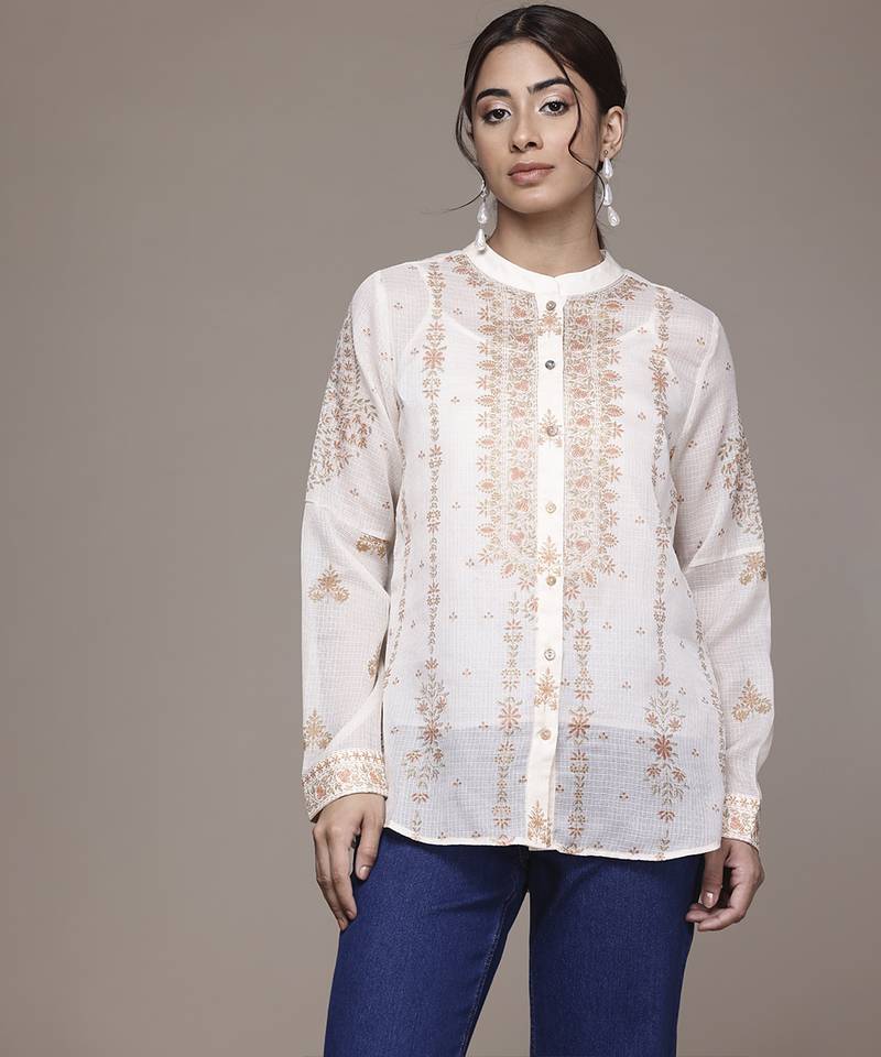 white cotton shirt with printed work design