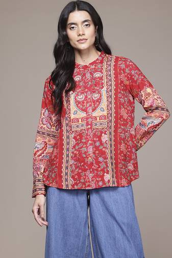 red rayon shirt with printed work design