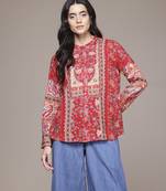 red rayon shirt with printed work design