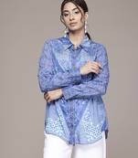 blue viscose shirt with printed work design