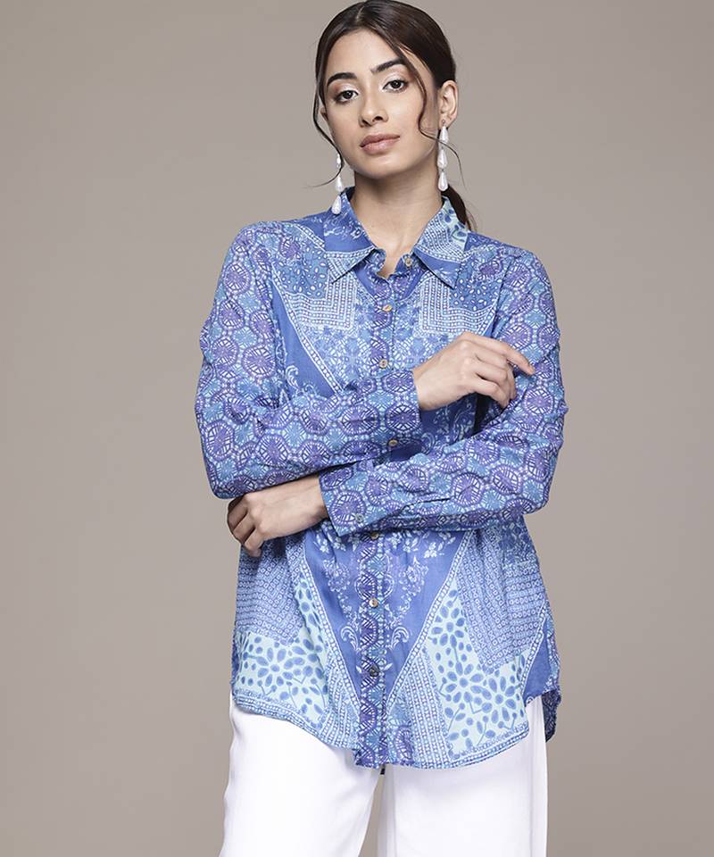 blue viscose shirt with printed work design