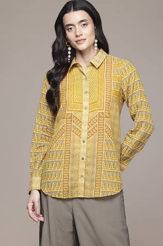 yellow viscose shirt with printed work design