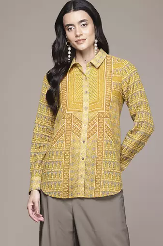 yellow viscose shirt with printed work design
