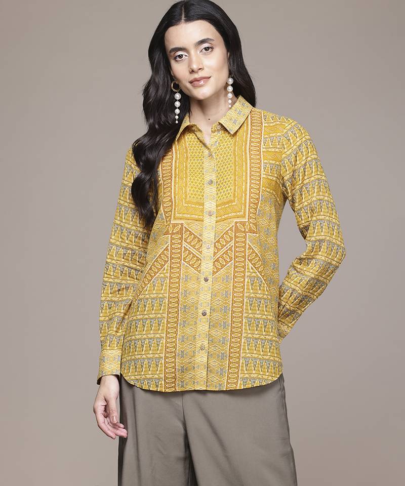 yellow viscose shirt with printed work design