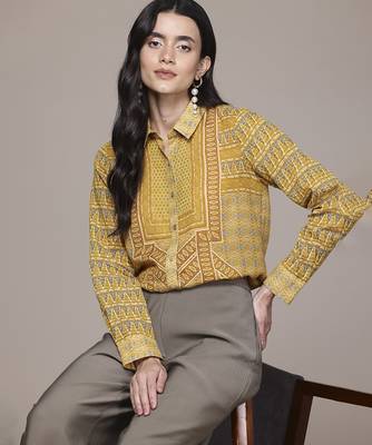 yellow viscose shirt with printed work design 3