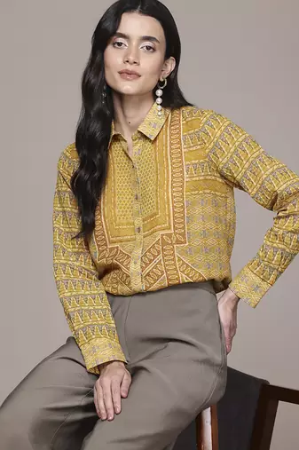 yellow viscose shirt with printed work design