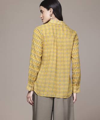 yellow viscose shirt with printed work design 4