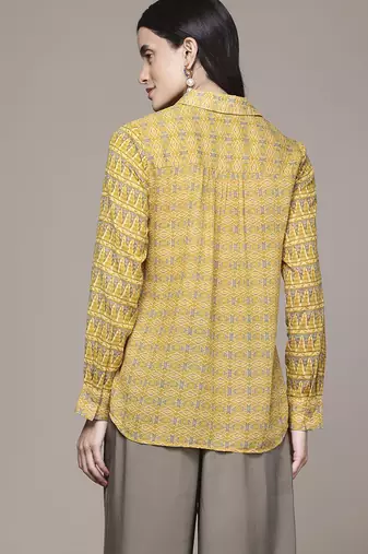 yellow viscose shirt with printed work design