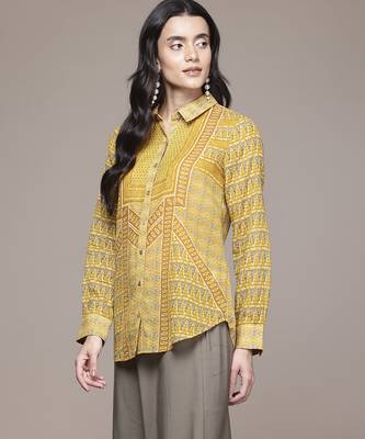 yellow viscose shirt with printed work design 5