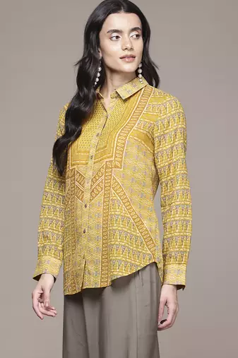 yellow viscose shirt with printed work design