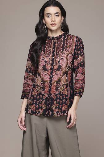 black viscose shirt with printed work design